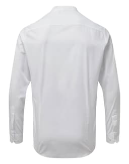 A white button-up shirt with a banded collar, viewed from the back. It features long sleeves and a simple design.