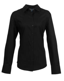 A black button-up shirt with long sleeves and a collared neckline. It features a logo on the fabric.
