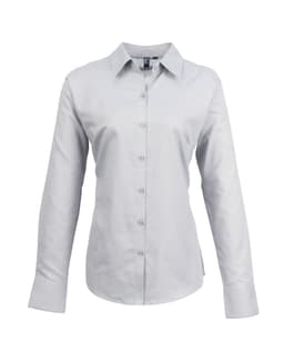 A light grey women's button-up Oxford shirt with long sleeves and a collar, featuring a logo.