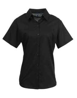A black women's short-sleeve button-up shirt with a collar and a logo.