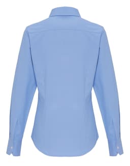 A light blue women's cotton-rich oxford blouse with long sleeves and a button-up design, featuring a collar and back pleat.