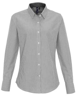 A button-up women's blouse in black and white oxford stripes with long sleeves and a collar. Features a logo on the chest.