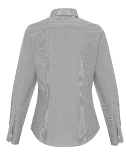 A back view of a women's cotton-rich button-up shirt featuring navy and white stripes. It has a collar and long sleeves.
