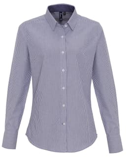 A women's cotton-rich button-up shirt featuring navy and white stripes, with a classic collar and long sleeves.
