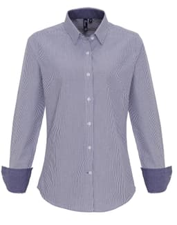 A women's cotton-rich blouse in blue and white stripes, featuring a button-up front and rolled sleeves.