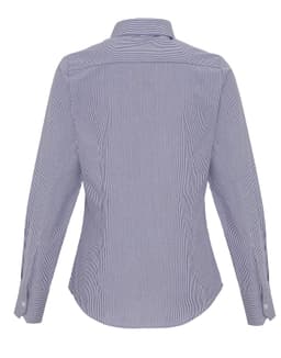 A women's cotton-rich shirt in navy blue and white stripes, featuring a button-up design and long sleeves.