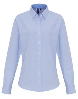 A light blue, cotton-rich button-up blouse with a collar and long sleeves, featuring a striped pattern.