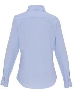 A women's cotton-rich blouse in light blue with white stripes, featuring a button-up design and long sleeves.