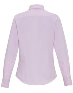 A light pink women's button-up shirt with long sleeves, featuring a classic collar and a back yoke detail.