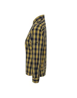 A side view of a women's long-sleeve button-up shirt featuring a yellow and navy check pattern. It has a logo.