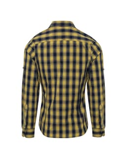 A checked button-up shirt in yellow and navy, featuring long sleeves and a collar. Includes a logo detail.