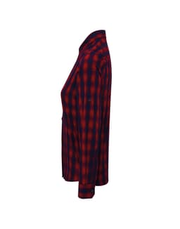 A side view of a women's long-sleeve shirt featuring a red and navy check pattern, with a button-up design and branding.