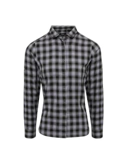 A button-up shirt in black and grey check pattern, featuring long sleeves and a collar. It has a logo.