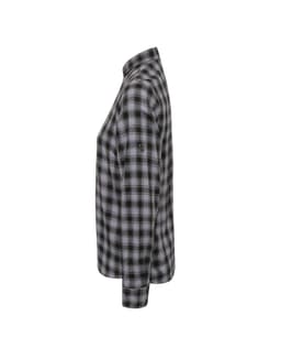 A side view of a women's black and grey checked button-up cotton long sleeve shirt, featuring a logo on the sleeve.