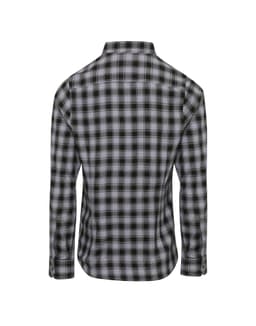 A black and grey checked women's button-up shirt with long sleeves, featuring a collar and a logo.