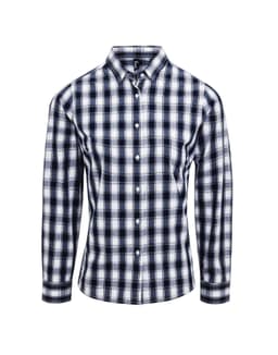 A long-sleeve, button-up shirt featuring a navy and white check pattern, complete with a logo.