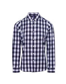 A navy and white check cotton long-sleeve button-up shirt with a collar and buttons. It features a logo.