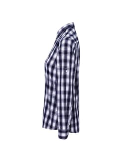 A button-up shirt in navy and white check pattern, featuring long sleeves and a logo on the sleeve.