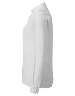 A white women's banded collar grandad shirt with long sleeves, featuring a subtle logo on the side.