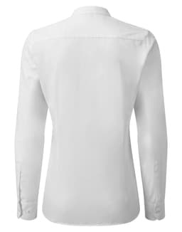 A white women's banded collar grandad shirt featuring long sleeves and a button-up design, with a logo on the back.