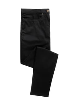 Black chino jeans laid flat, featuring a smooth finish and front pockets. The product includes a logo.