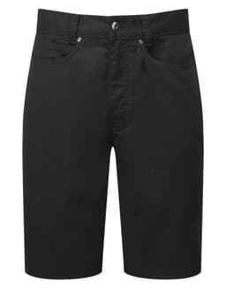 Black chino shorts with a front fly and pockets, featuring a logo on the waistband.