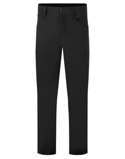 A pair of black trousers featuring a standard fit and a waistband with a button closure. Contains a logo.