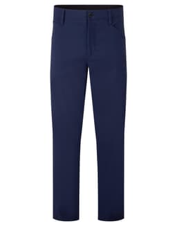 Navy trousers with a straight-leg design and a black waistband, featuring a secure button closure.