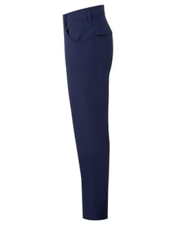 A pair of navy blue trousers displayed from the side, featuring a slim fit and back pocket. Branding is visible.