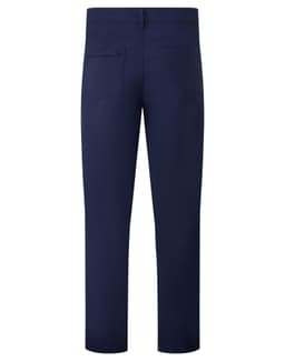 A pair of navy blue trousers with a straight cut and rear pockets. The design features a logo.