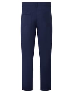 A pair of navy trousers with a straight leg design, featuring pockets and a logo on the back.