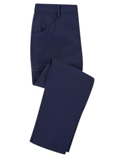 A pair of navy blue trousers with a tailored design, featuring pockets and a smooth fabric finish.