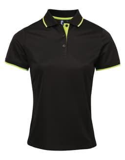 A black women's polo shirt featuring contrast lime green detailing and a collar, with a logo on the chest.