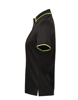 A black women's polo shirt featuring contrast green detailing along the collar and sleeves, with a logo present.