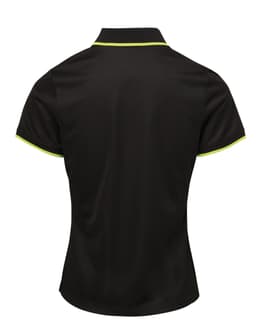 A women's black polo shirt featuring contrast piping in lime green. The design includes a collar and short sleeves.