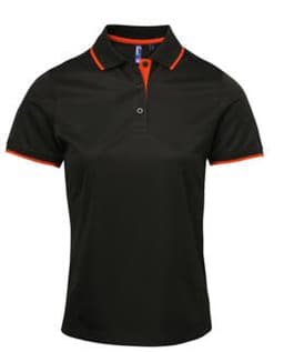 A black polo shirt with contrast orange details and a collar, featuring a logo. Suitable for women's wear.