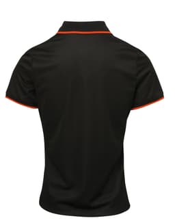 A women's black polo shirt featuring contrast orange piping and a logo. Suitable for casual or sport wear.