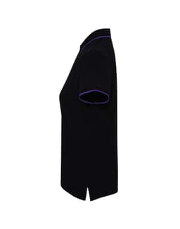 A black women's polo shirt with purple contrast detailing and a streamlined design. It features short sleeves and a collar.