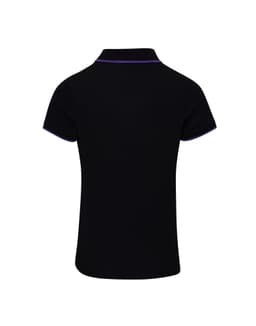 A black women's polo shirt featuring contrasting purple accents on the collar and sleeves. It has a logo.
