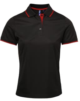 A black polo shirt with red contrast detailing, featuring a collar and buttons, and includes a logo.