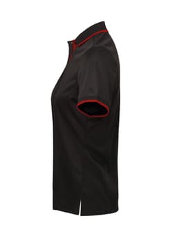 A black polo shirt with red contrast trim and a short sleeve design. It features a logo on the front.