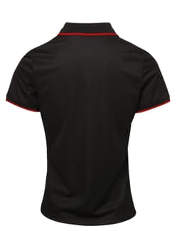 A black women's polo shirt featuring red contrast detailing and a branded logo on the back.