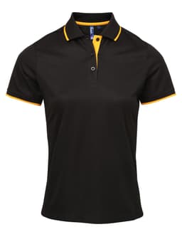 A black polo shirt with contrasting yellow collar and sleeve trims. It features a logo on the chest.