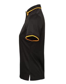 A women's black polo shirt with yellow contrast detailing and a collar, featuring a logo on the front.