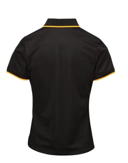 A black women's polo shirt with contrasting yellow trim, featuring a collar and short sleeves. It has a logo on it.