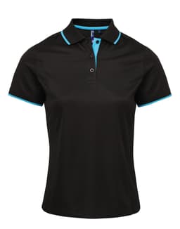 A black women's polo shirt featuring contrast aqua blue accents, with a collar and a logo.
