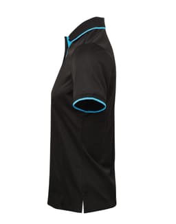 A black women's polo shirt featuring contrast blue detailing on the collar and sleeve edges, with a logo.