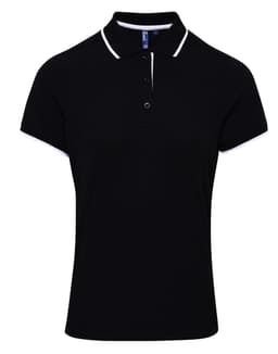 A women's black polo shirt with contrasting white collar and sleeve trim, featuring a three-button placket and logo.