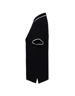 A women's black polo shirt featuring white contrast trim, with a classic fit and short sleeves. Contains a logo.