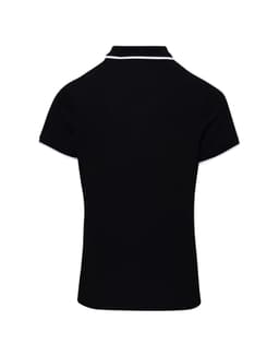 A women's black polo shirt with contrast detailing on the collar and sleeves, featuring a logo.
